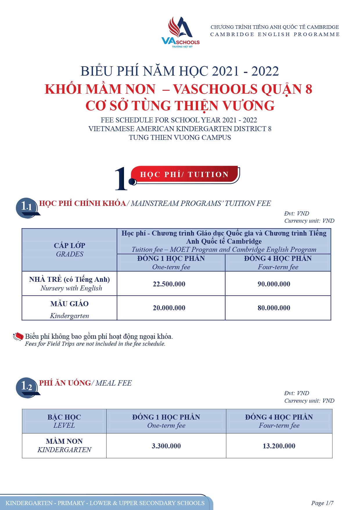 Biểu Phí 2021 - 2022 - Hệ Thống Trường Việt Mỹ